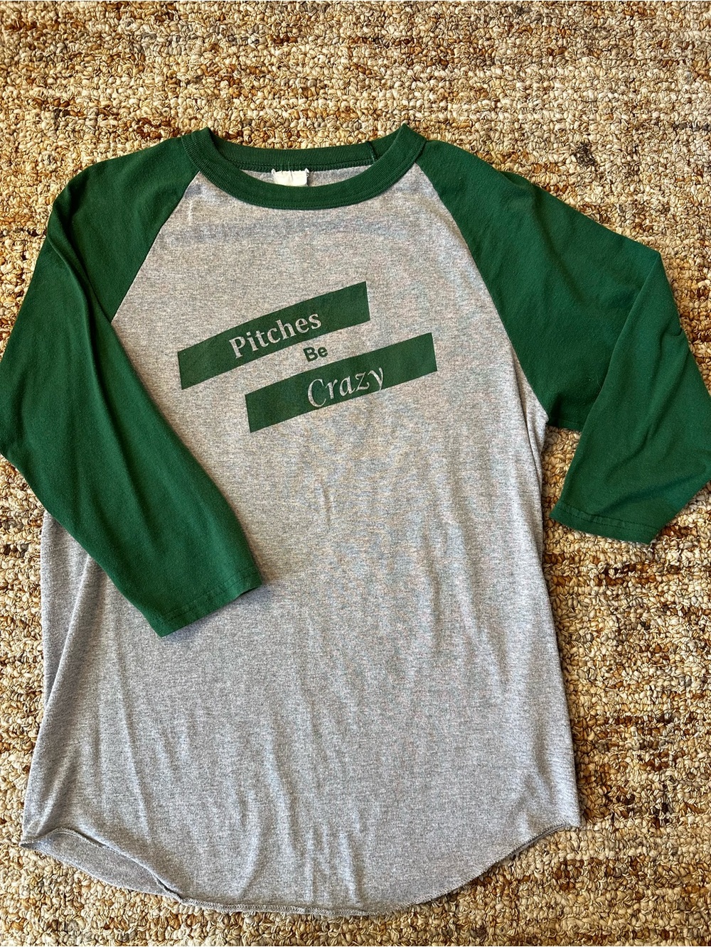 Gray Baseball Raglan Tee with Dark Green Sleeves - 'Pitches Be Crazy'
